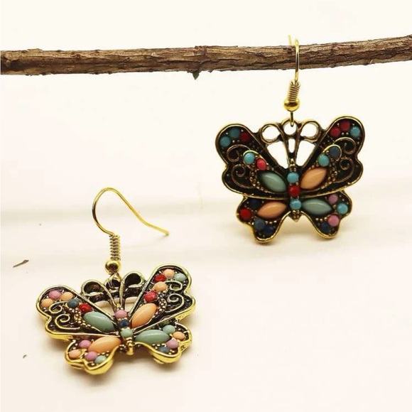 Multicolor Beaded Butterfly Drop Earrings BRAND NEW - Picture 2 of 4